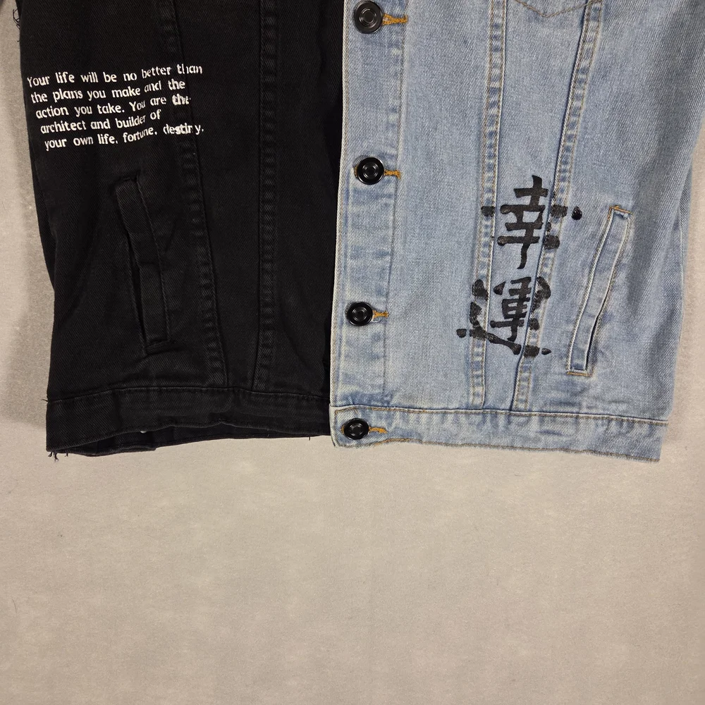 Rue 21 two-toned denim jacket with "GOOD FORTUNE" lettering (M298) - Picture 2 of 12